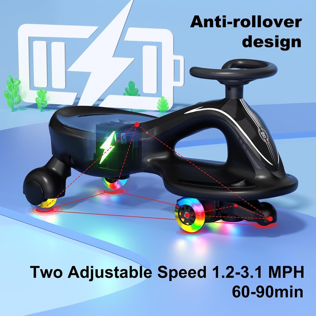 12V Electric Wiggle Car Ride On Toy — Black, view 2