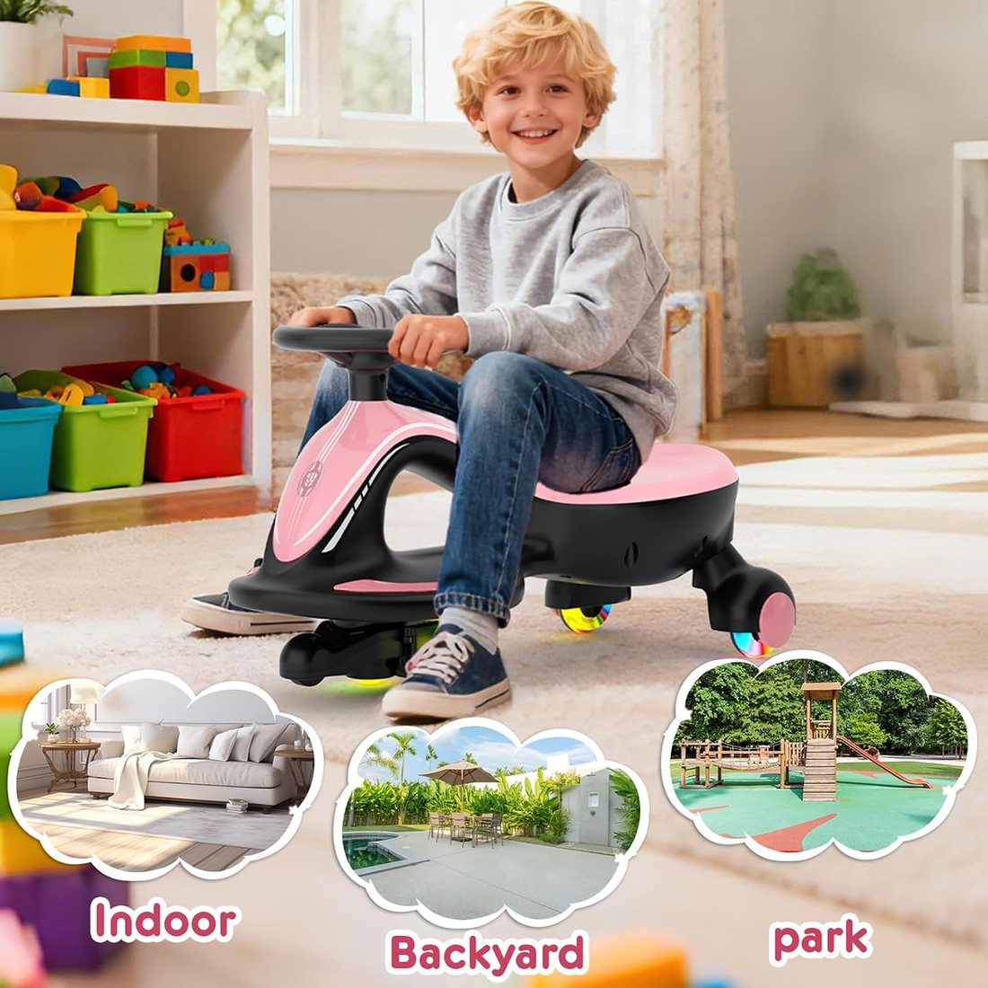 12V Electric Wiggle Car Ride On Toy — Pink, view 2