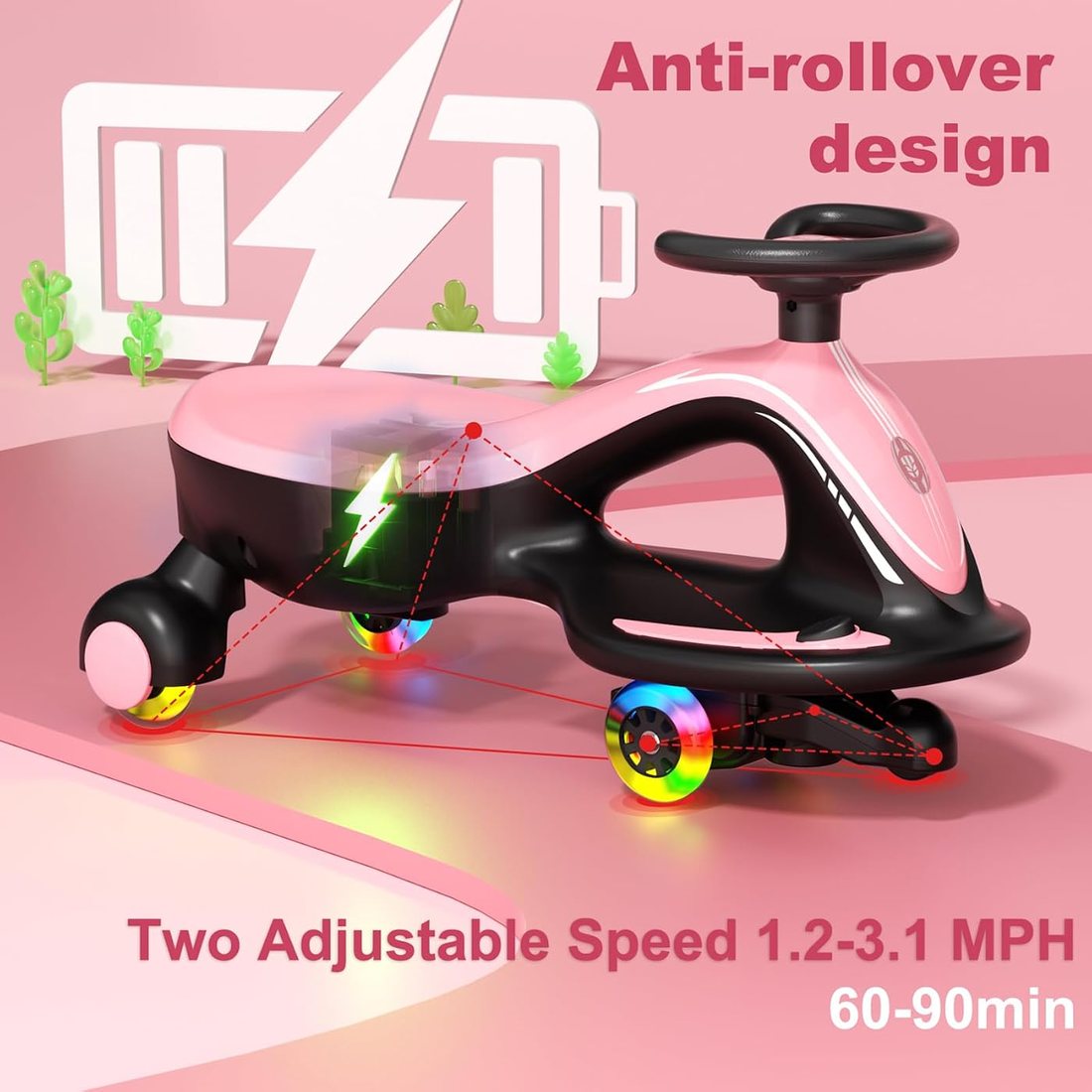 12V Electric Wiggle Car Ride On Toy — Pink, view 3