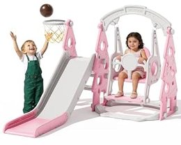 4-in-1 Toddler Slide and Swing Set, Light Pink