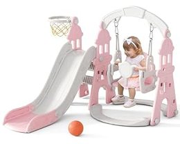 4-in-1 Toddler Slide and Swing Set, Pink