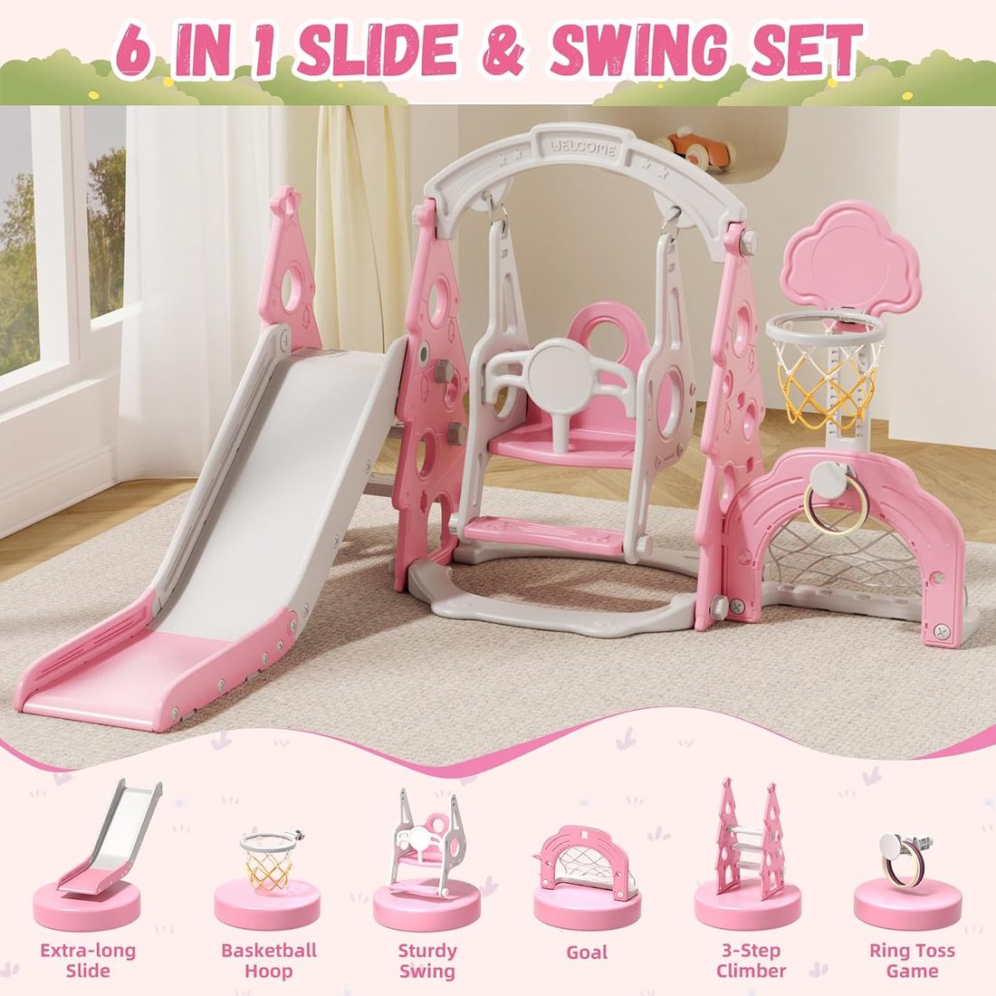 6-in-1 Toddler Slide and Swing Set for Ages 1+ Toddler Outdoor, view 2