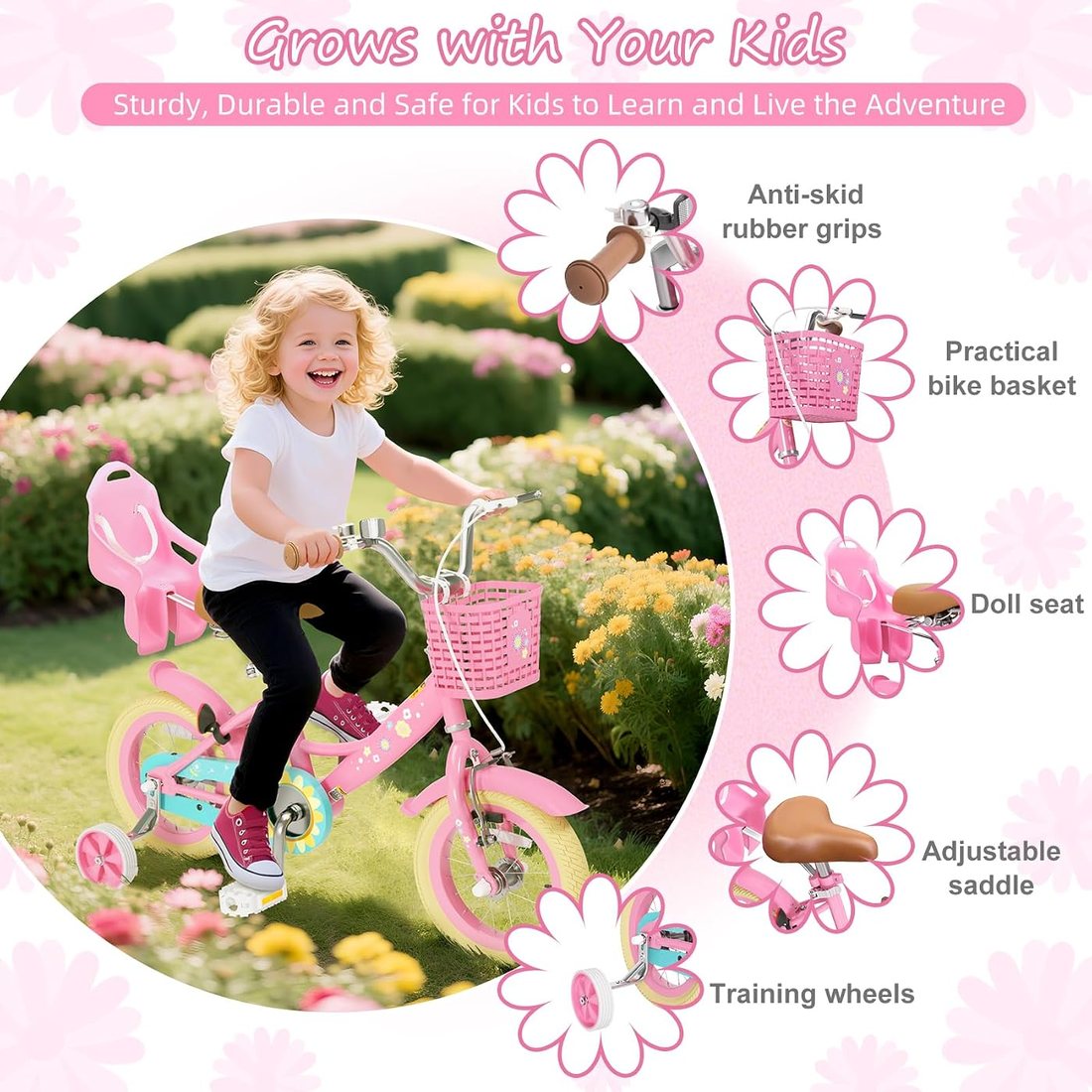 Girls Bike for Toddlers 3-9 — Flower Pink, view 3