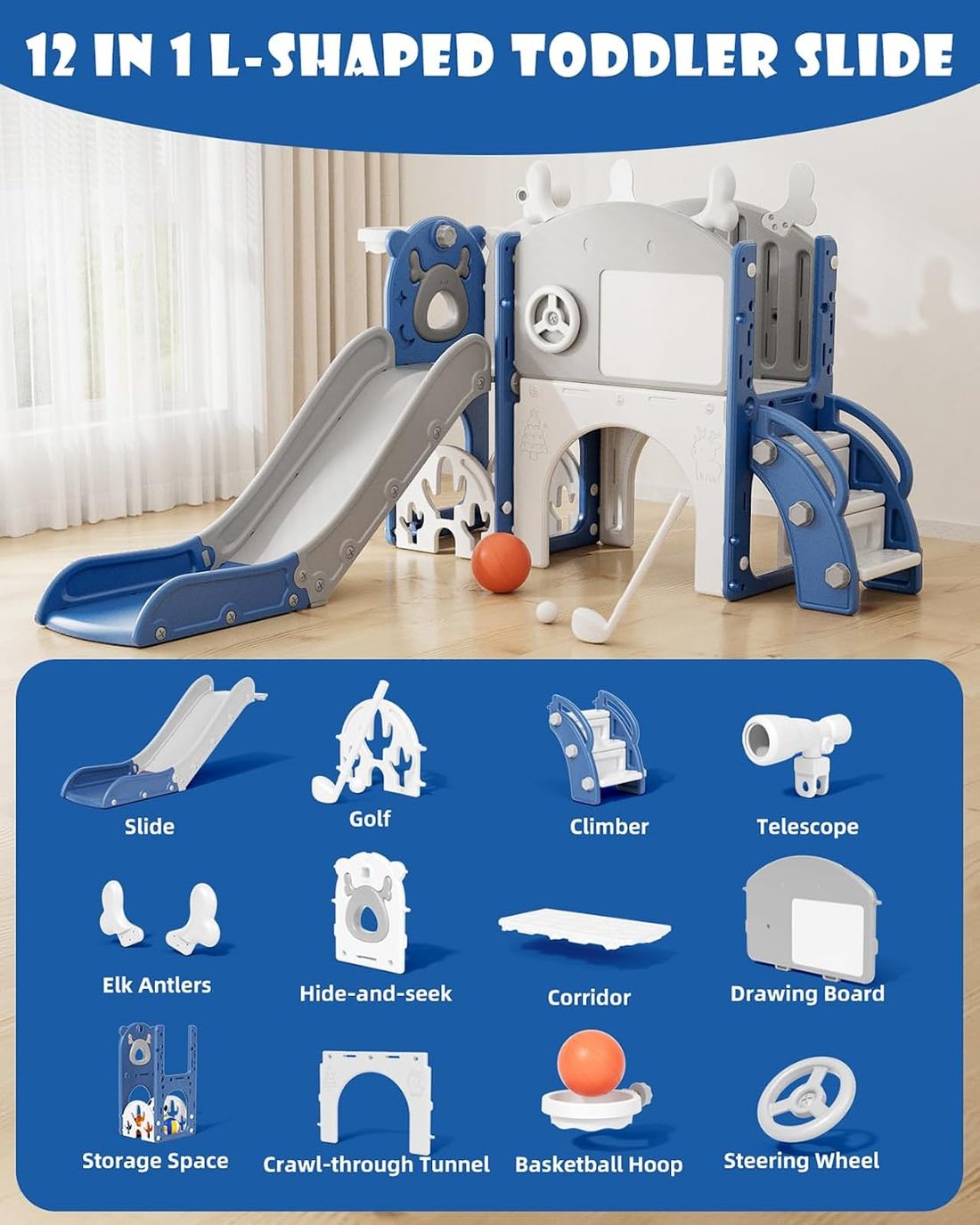 Toddler Slide, 12 in 1 Kids Slide for Toddlers 1-3 — Blue White, view 2