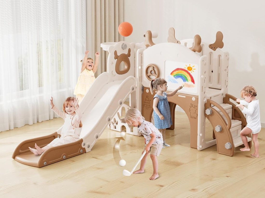 Toddler Slide, 12 in 1 Kids Slide for Toddlers 1-3 — Brown