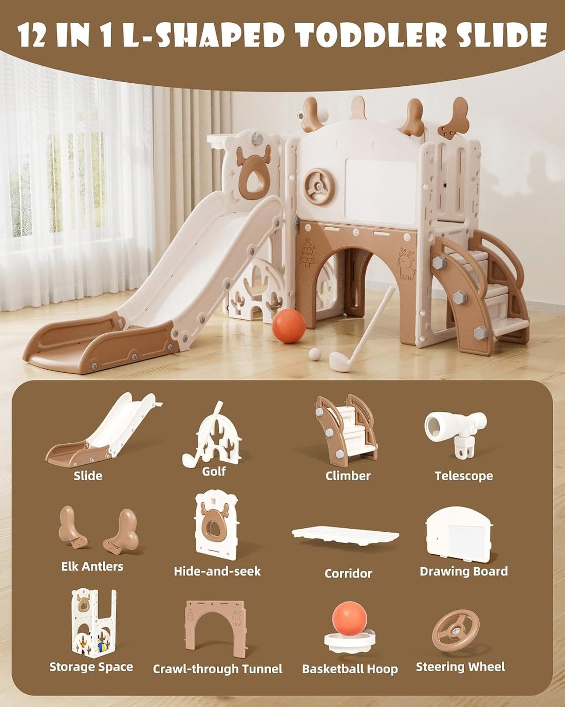 Toddler Slide, 12 in 1 Kids Slide for Toddlers 1-3 — Brown, view 2