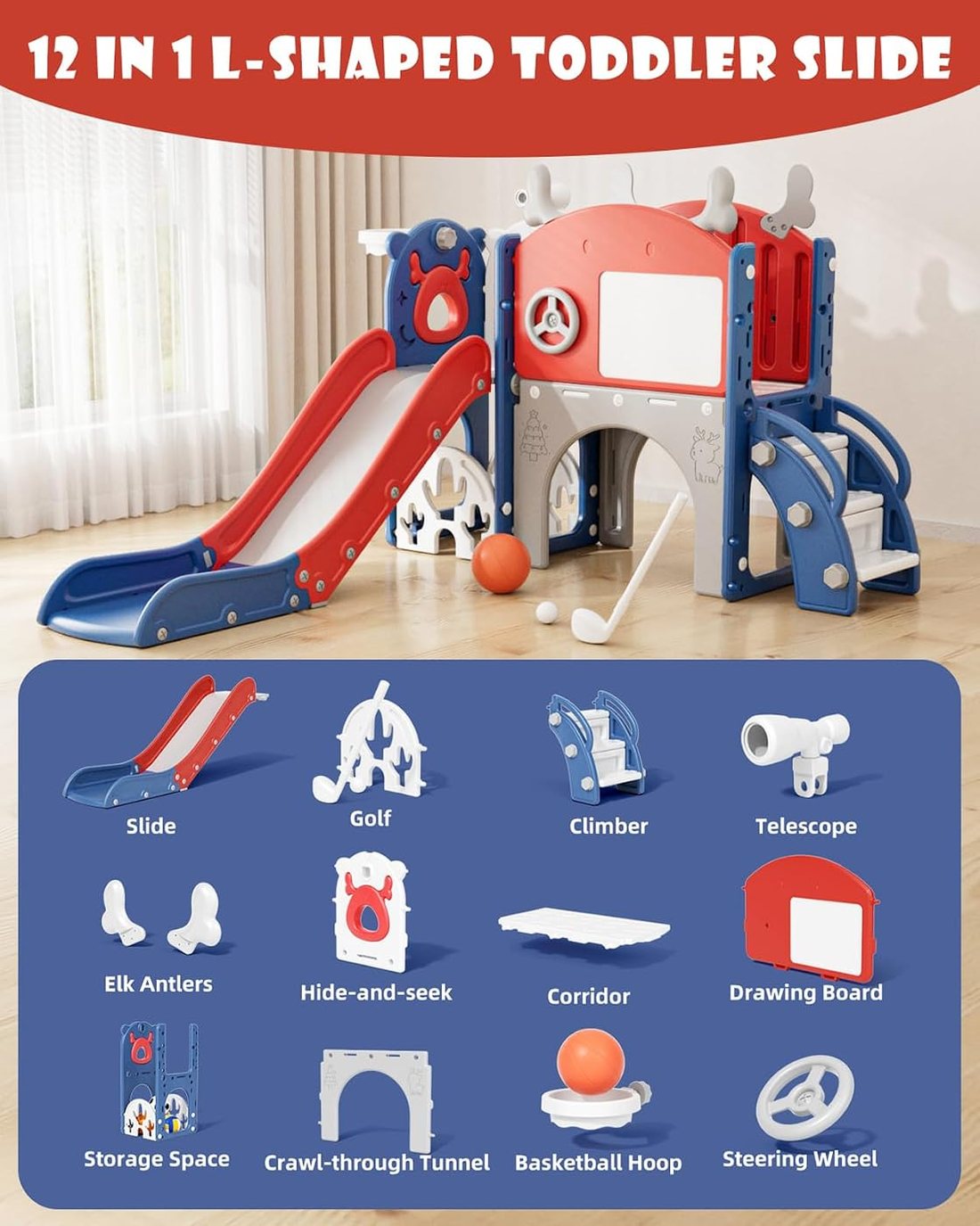 Toddler Slide, 12 in 1 Kids Slide for Toddlers 1-3 — Red Blue, view 2